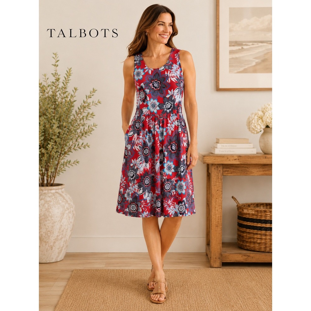 Talbots Red Floral Cotton Fit and Flare Dress Sleeveless Pockets Size 14